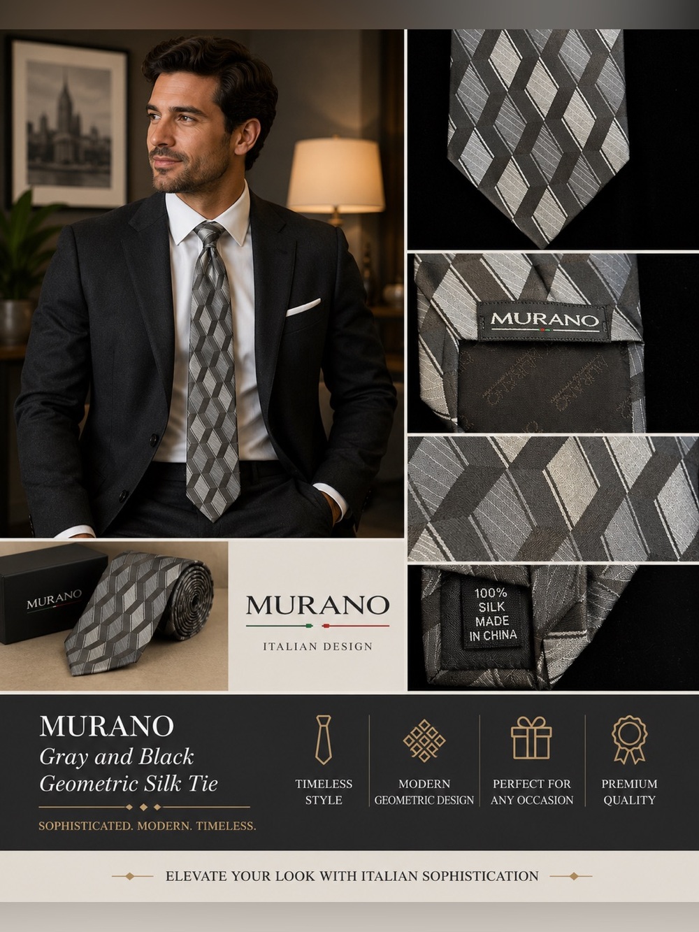 Murano Gray and Black Geometric Silk Tie